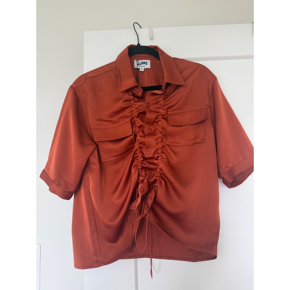 Aldre New York City Rust Orange Satin Ruched Short Sleeve Button Down Shirt XS